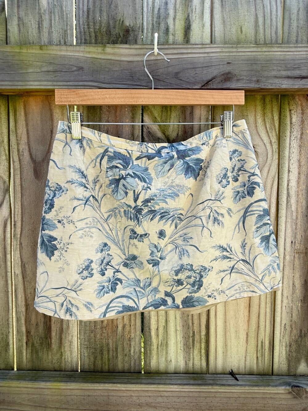 Talbots Silk-Linen Tan Blue Botanical Mini Skirt —  Reworked